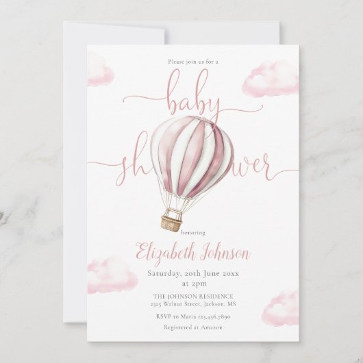 Invitation Baby shower Fille Balloon Rose Hot Air (Devant)