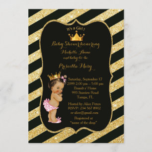 Invitation Baby shower FILLE, bandes dorées, or noir v2