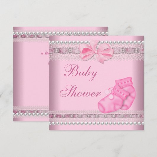 Invitation Baby shower Fille Bébé Pink Booties Pearl Lace (Devant / Derrière)