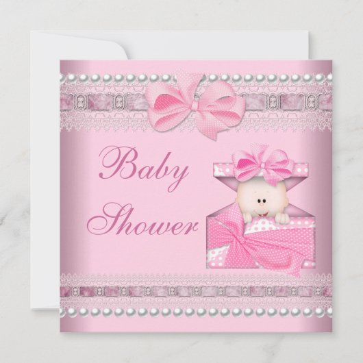 Invitation Baby shower fille bébé rose cadeau Perle dentelle (Devant)