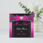 Invitation Baby shower fille bébé rose chaud Zèbre noir (Debout devant)