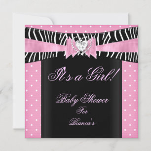 Invitation Baby shower fille bébé rose noir Zèbre pois