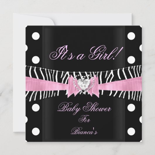 Invitation Baby shower fille bébé rose noir Zèbre pois (Devant)