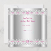 Invitation Baby shower fille bébé rose parapluie Pearl argent (Dos)