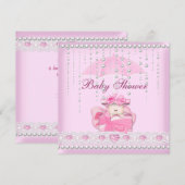 Invitation Baby shower fille bébé rose parapluie Pearl blanc (Devant / Derrière)