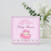 Invitation Baby shower fille bébé rose parapluie Pearl blanc (Debout devant)
