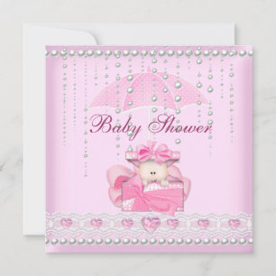 Invitation Baby shower fille bébé rose parapluie Pearl blanc
