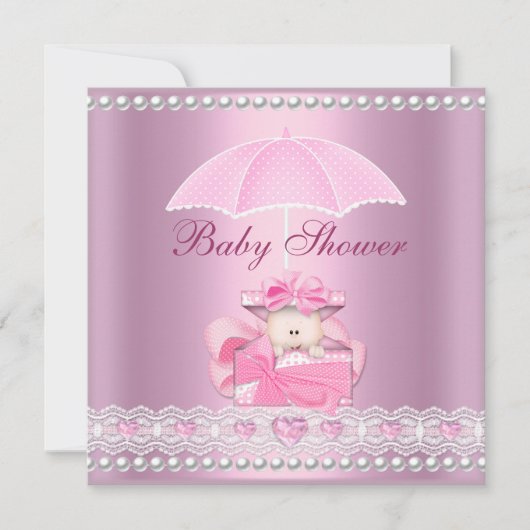 Invitation Baby shower fille bébé rose parapluie Pearl blanc (Devant)