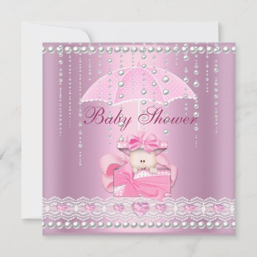 Invitation Baby shower fille bébé rose parapluie Pearl blanc (Devant)