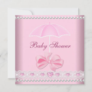 Invitation Baby Shower Fille Bébé Rose Parapluie Perle Dentel