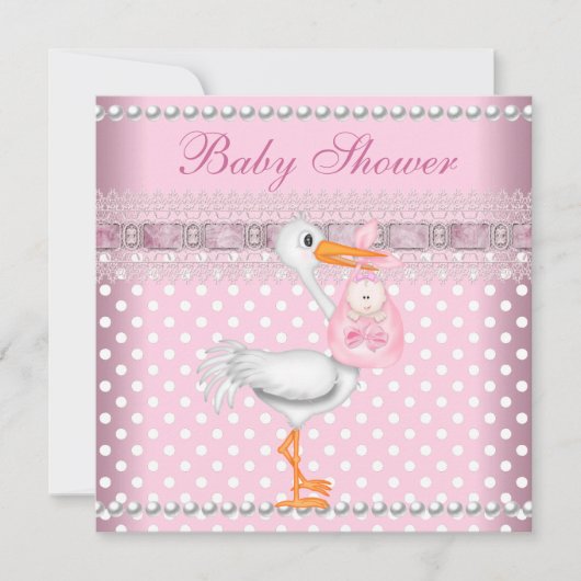 Invitation Baby shower fille bébé rose tache Pearl Stork (Devant)