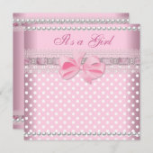 Invitation Baby shower fille bébé rose tache perle dentelle (Devant / Derrière)
