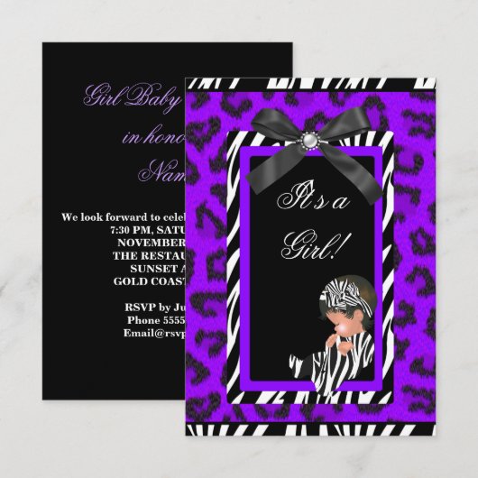 Invitation Baby shower fille bébé violet noir Zèbre (Devant / Derrière)