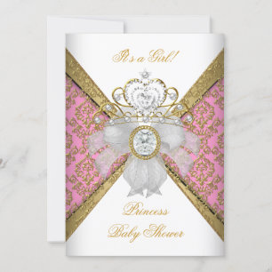 Invitation Baby Shower Fille Blanc Rose Princesse Damask 5 x