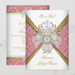 Invitation Baby Shower Fille Blanc Rose Princesse Damassé