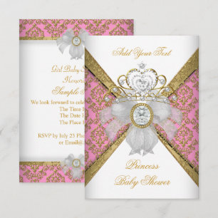 Invitation Baby Shower Fille Blanc Rose Princesse Damassé
