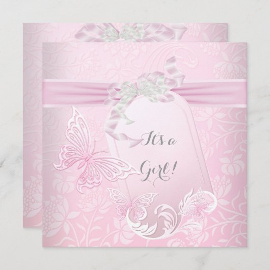 Invitation Baby shower Fille Blanc Rose Princesse Papillon (Devant / Derrière)