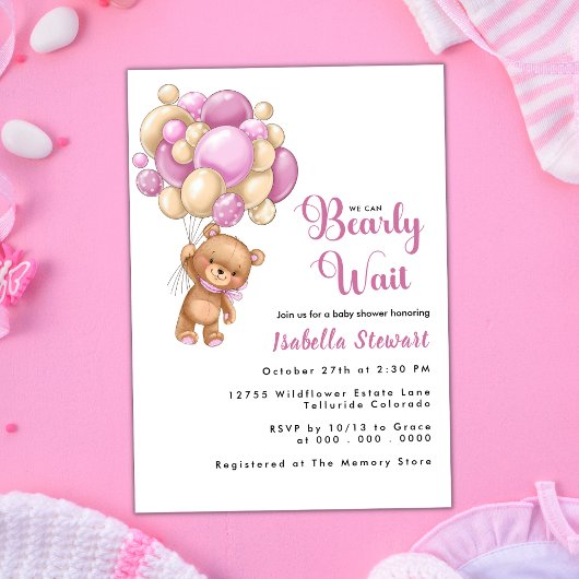 Invitation Baby shower Fille Blonde Rose Ours Teddy