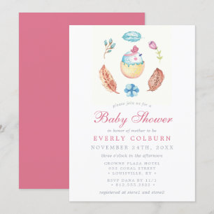 Invitation Baby Shower Fille Bohème Aquarelle Oiseau Poulet