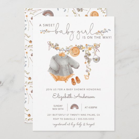 Invitation Baby shower fille Boho Clothes (Devant / Derrière)