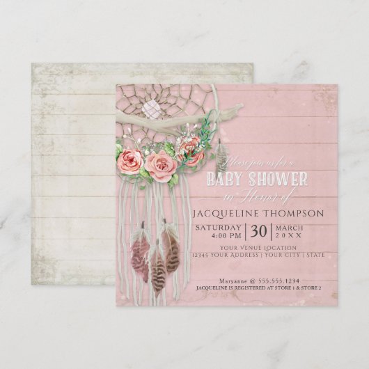 Invitation Baby shower fille BOHO Dream Catcher Plumes de boi (Devant / Derrière)