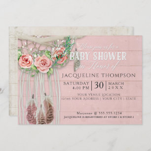 Invitation Baby shower fille BOHO Dream Catcher Wood Floral