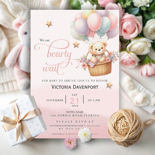 Invitation Baby shower Fille Boloon Ours Teddy