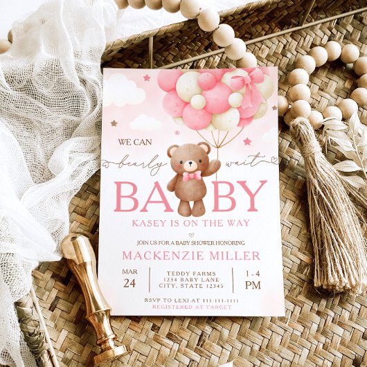 Invitation Baby shower Fille Boloon Ours Teddy