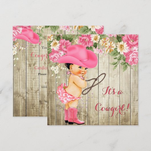 Invitation Baby shower fille Bottes roses Floral Brunette (Devant / Derrière)