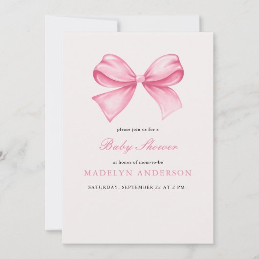 Invitation Baby shower fille Bow Aquarelle rose (Devant)