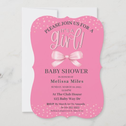 Invitation Baby shower fille Bow Aquarelle rose (Devant)