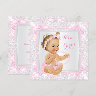 Invitation Baby Shower Fille Broderie Dentelle Rose Blonde