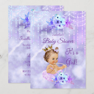 Invitation Baby Shower Fille Brunette Floral Turquoise Violet