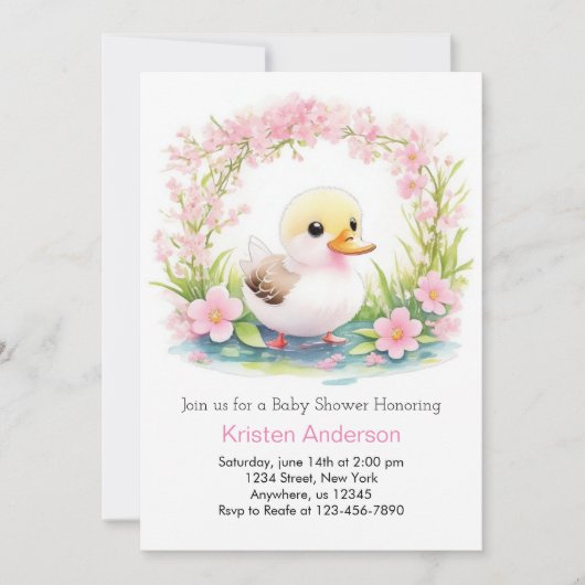 Invitation Baby shower Fille Canard Rose Floral Blissful (Devant)