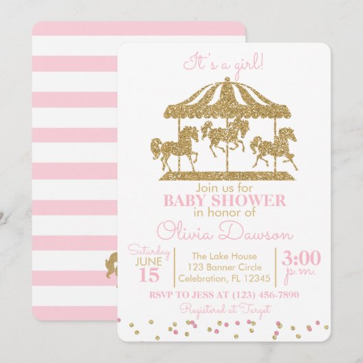 Invitation Baby shower fille carrousel rose et or (Devant / Derrière)