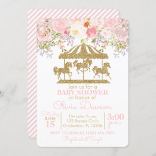 Invitation Baby shower fille carrousel rose et or Floral