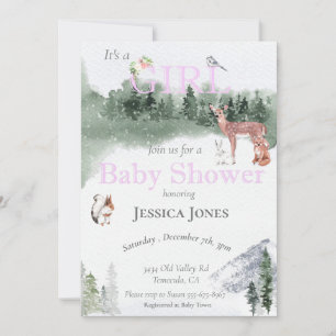 Invitation Baby Shower Fille Cerf Fétiche d'Hiver Forêt Sauva
