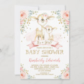 Invitation Baby shower fille Cerf mignonne Roses or rose pâle (Devant)