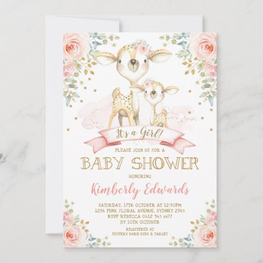 Invitation Baby shower fille Cerf mignonne Roses or rose pâle (Devant)