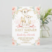 Invitation Baby shower fille Cerf mignonne Roses or rose pâle (Debout devant)