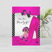 Invitation Baby Shower Fille Chaussure Bébé Rose Chaud Points (Debout devant)