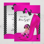 Invitation Baby Shower Fille Chaussure Bébé Rose Chaud Points (Devant / Derrière)