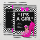 Invitation Baby Shower Fille Chaussure Bébé Rose Chevron (Devant / Derrière)