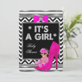 Invitation Baby Shower Fille Chaussure Bébé Rose Chevron (Debout devant)