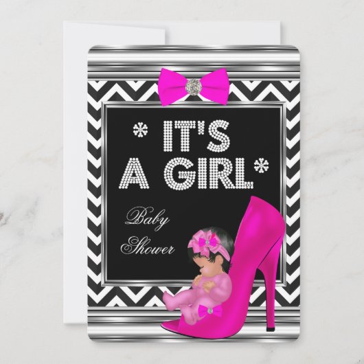 Invitation Baby Shower Fille Chaussure Bébé Rose Chevron (Devant)