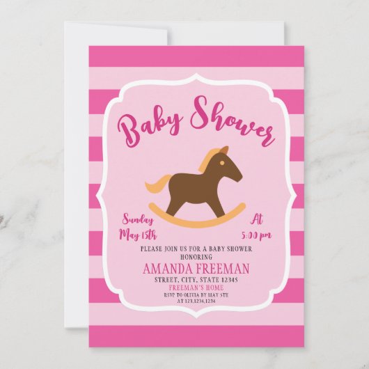 Invitation Baby shower fille Cheval rose mignon (Devant)
