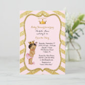 Invitation Baby shower FILLE, chevron doré, or rose vif v2 (Debout devant)