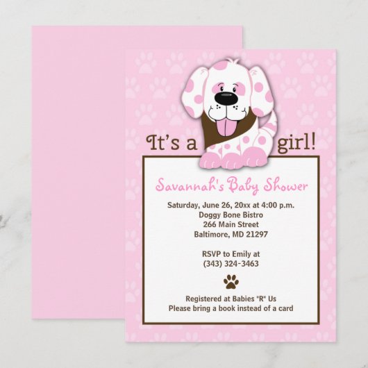 Invitation Baby shower fille chien rose (Devant / Derrière)