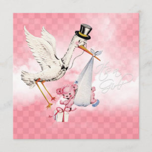 Invitation Baby Shower Fille Cigogne Vintage