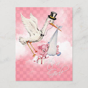 Invitation Baby Shower Fille Cigogne Vintage
